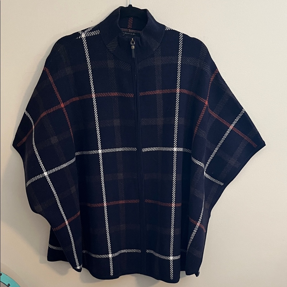 Tahari Black, White and Red Tartan Poncho Size S / M Cape Jacket